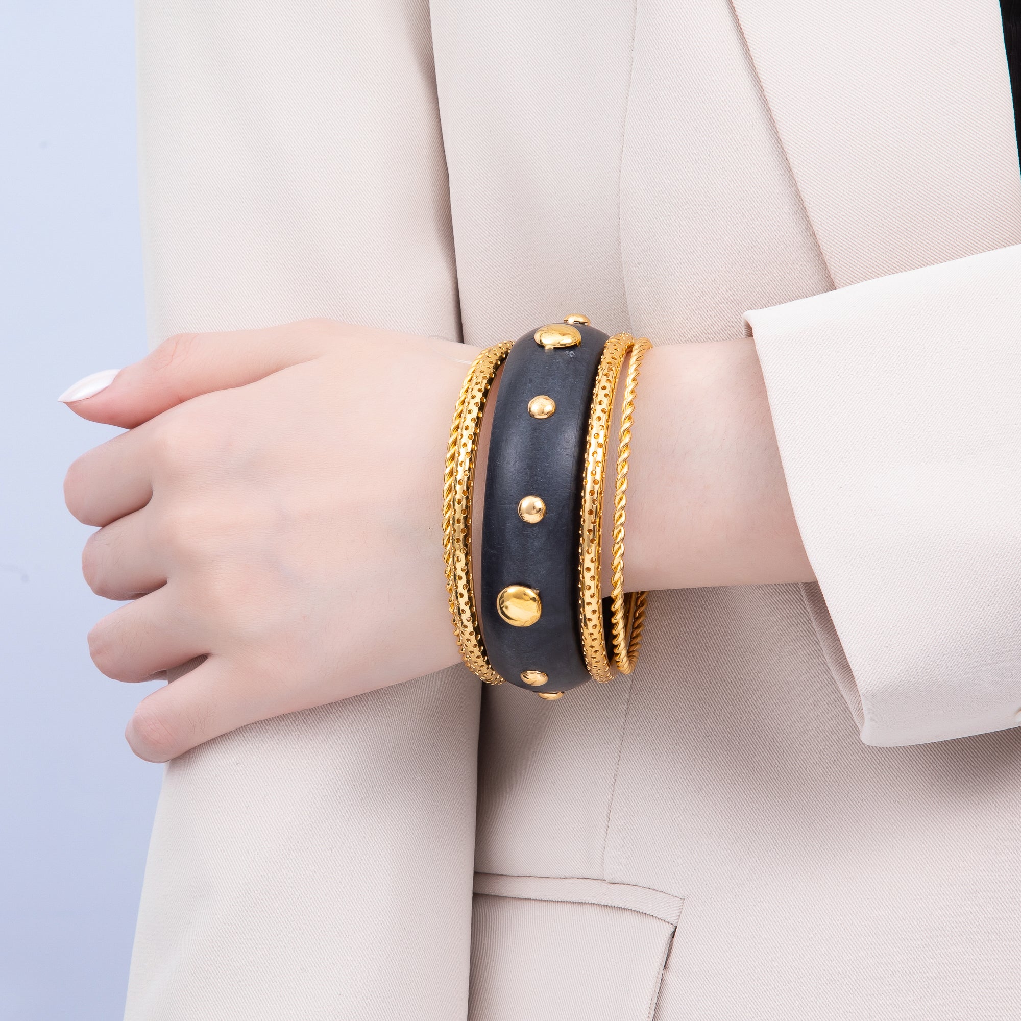 Studded Wood Bangle Statement Bracelet | WA-04308