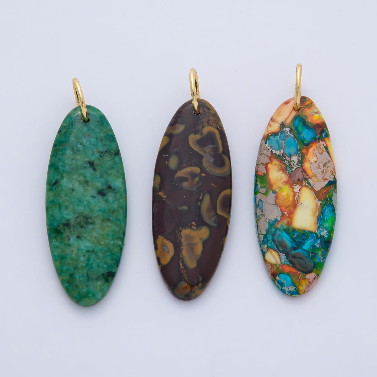 18K Gold Filled Boho Natural Oval Gemstone Pendant – Green, Brown & Multicolor Stone Charms  AF1593