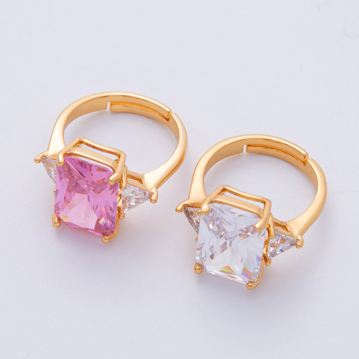 18K Gold Filled Pink, Clear CZ Baguette Triangle Solitaire Adjustable Ring | O805