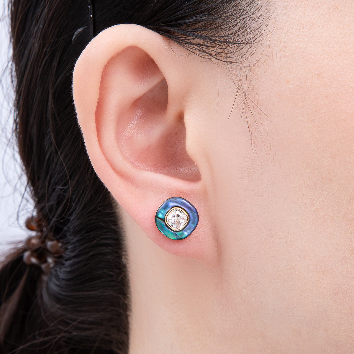 16K Gold Filled Clear CZ Abalone Pearl Double Round Stud Earrings | Earrings-00303