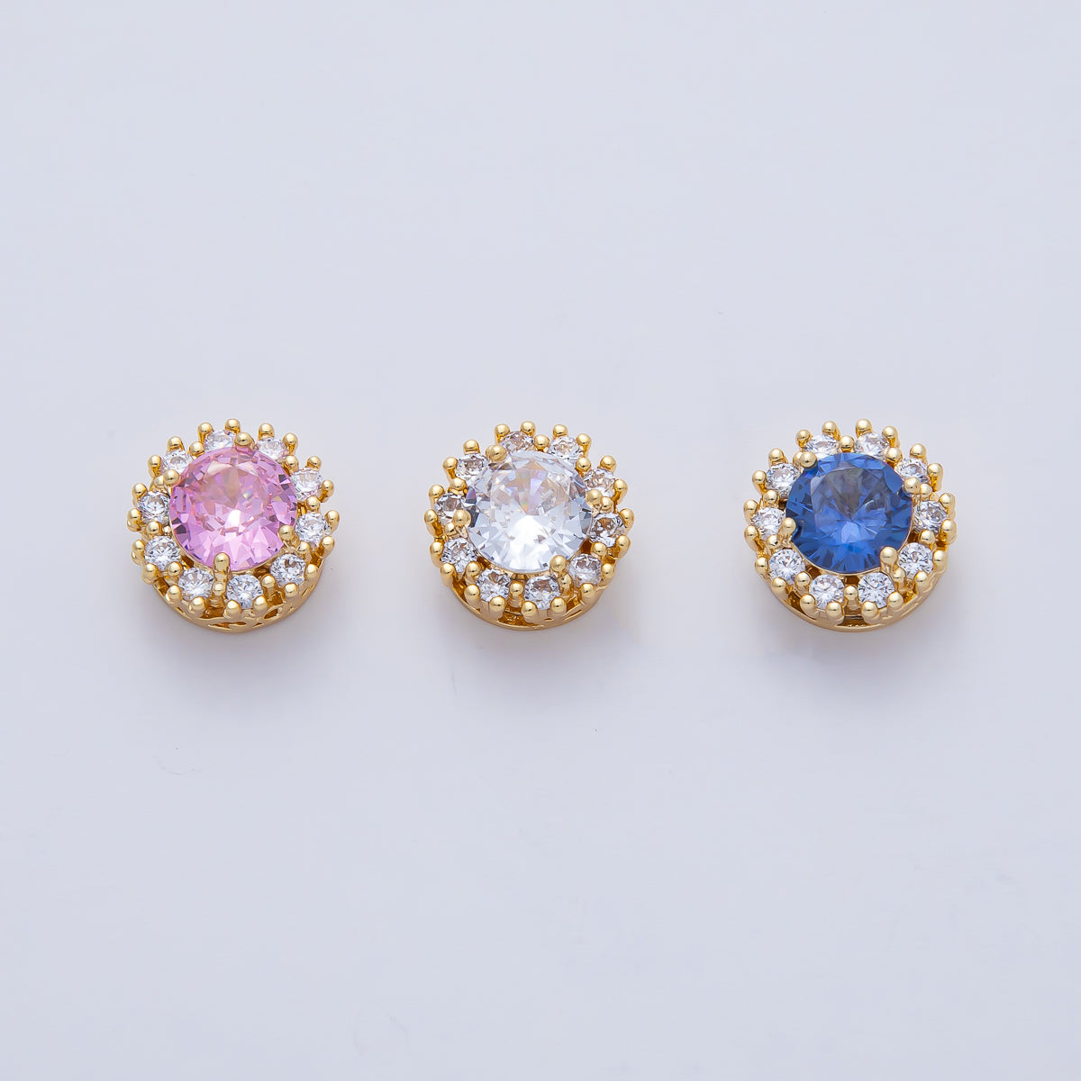 18K Gold Filled 11.5mm Blue, Pink, Clear CZ Micro Paved Round Spacer Bead | B527 B538