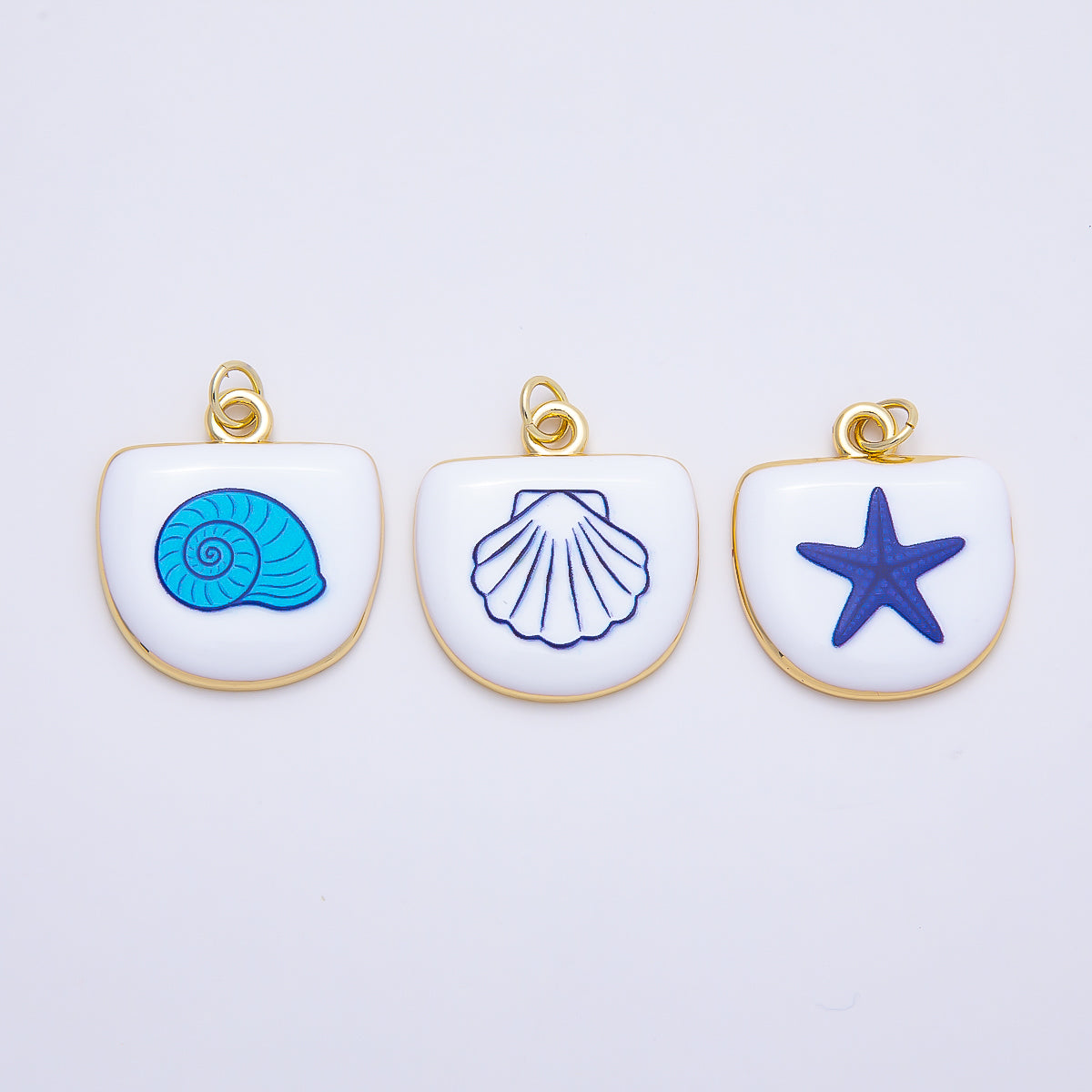 16K Gold Filled 22mm Sea Shell, Scallop, Starfish Blue White Enamel Charm | Charms-01244 ~ Charms-01246