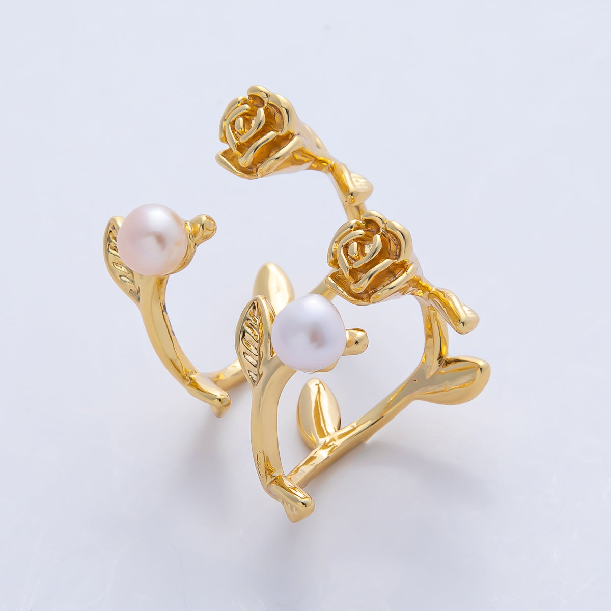 18K Gold Filled Blooming Rose Flower with Champagne and White Shell Pearl Nature Inspired Adjustable Ring | O799