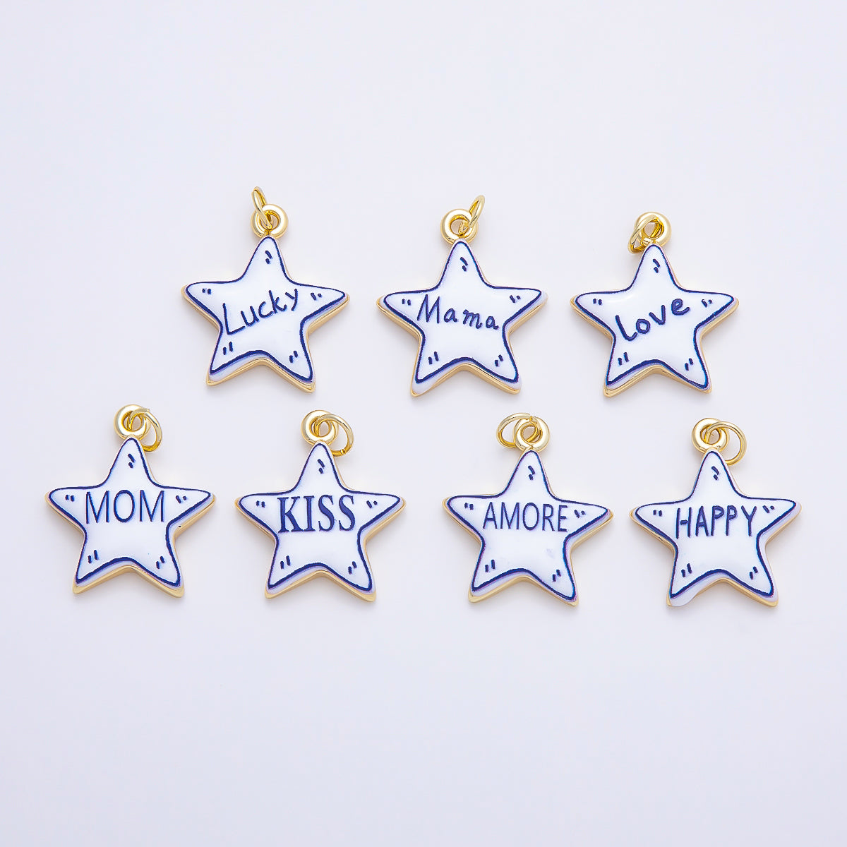 16K Gold Filled 21.5mm Lucky, Amore, Happy, Kiss, Mom, Mama, Love Script Blue White Celestial Star Charm | Charms-01229 ~ Charms-01235