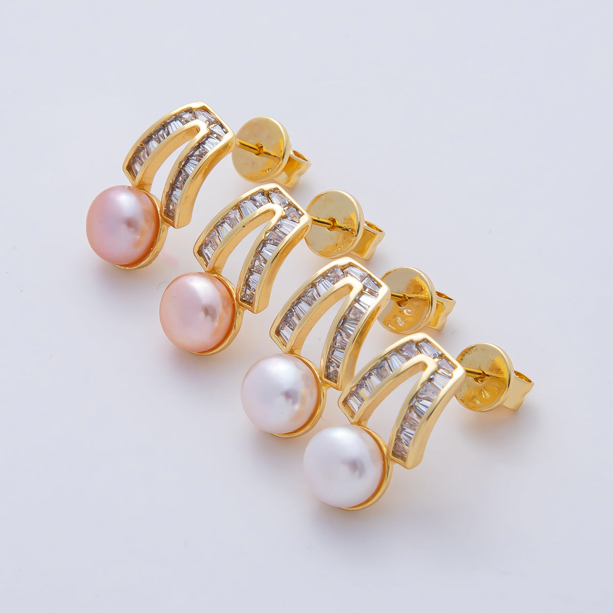18K Gold Filled Clear CZ White and Pink Shell Pearl Geometric Baguette Upside Down V Shaped Stud Earrings | AD1640 AD1641
