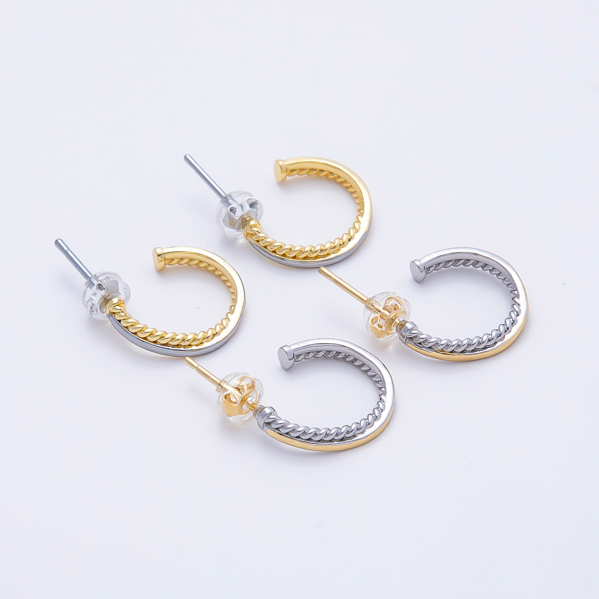 16K Gold Filled 16mm Mixed Metal Croissant Double C-Shaped Hoop in Silver & Gold | Earrings-00650