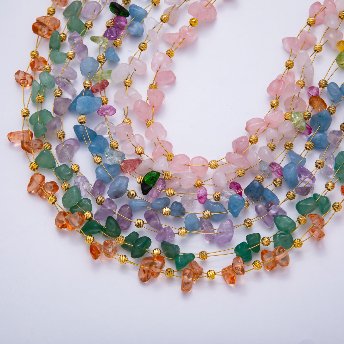 18K Gold Filled 4mm Pebble Chip Natural Gemstone Ball Bead Chain 17 Inch Necklace w. Extender | WA-04413 ~ WA-04416