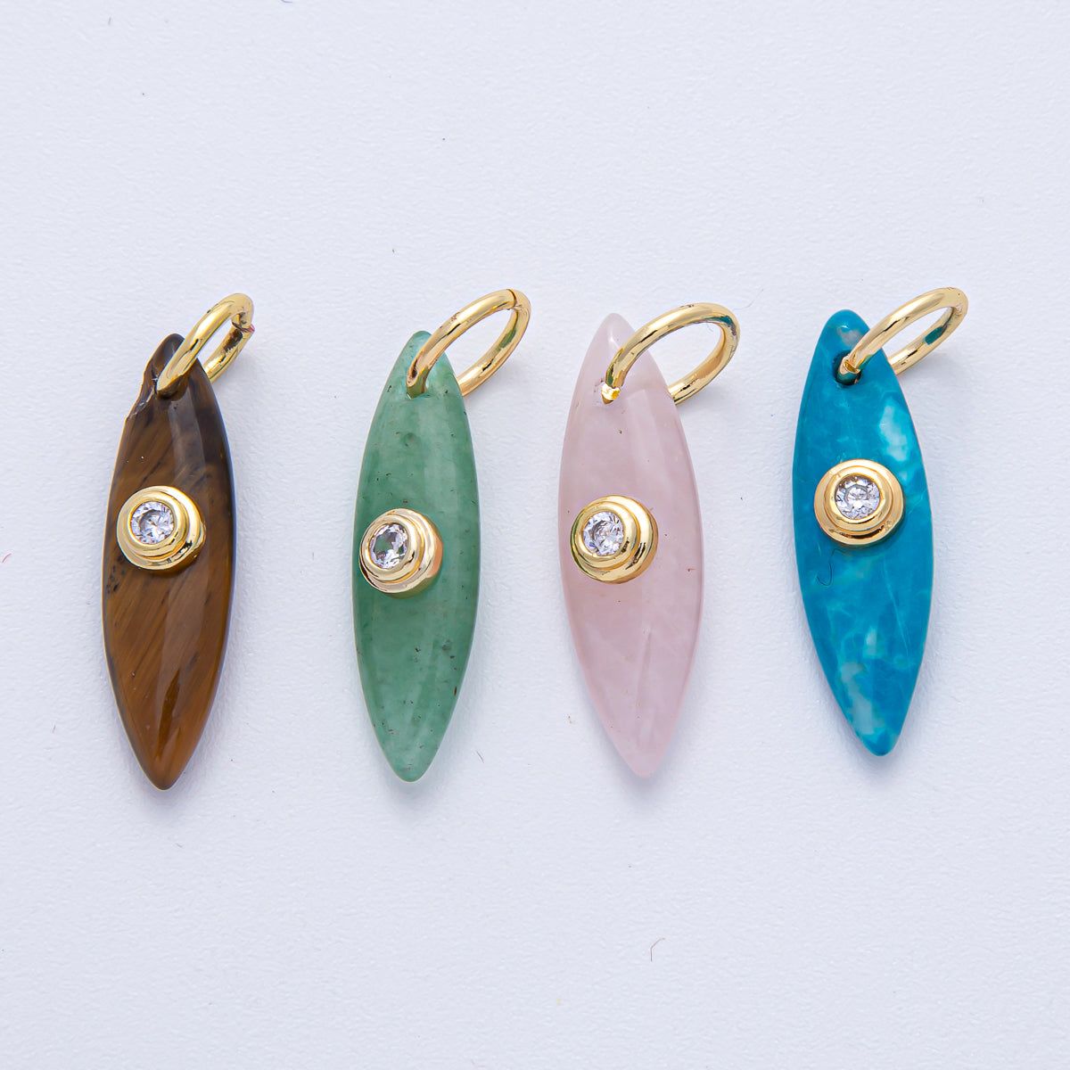 18K Gold Filled 24mm Clear CZ Embedded Tiger Eye, Rose Quartz, Turquoise, Amazonite Gemstone Navette Charm | AK127 AK128