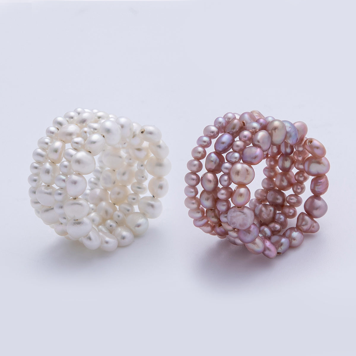 Handmade Pink White Natural Freshwater Seeds Pearls Wave Wrap Adjustable Ring | RINGS-00001