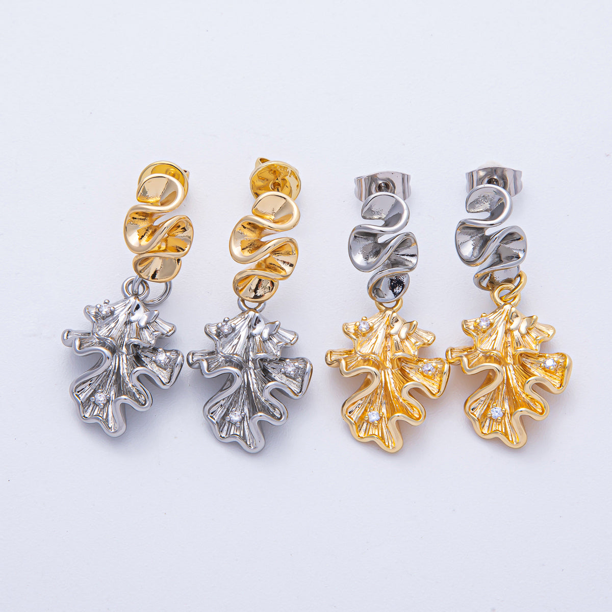 18K Gold Filled CZ Geometric Foil Mixed Metal Drop Stud Earrings | AD1674 AD1675