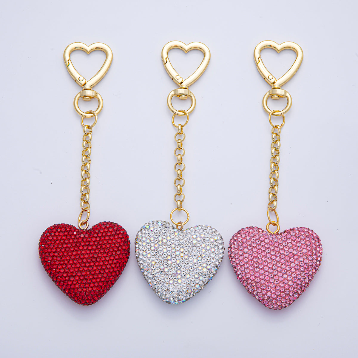 18K Gold Filled White, Red, Pink Bedazzled Heart Bag Charm Keychain Push Gate Key Ring | WB-00255 ~ WB-00257