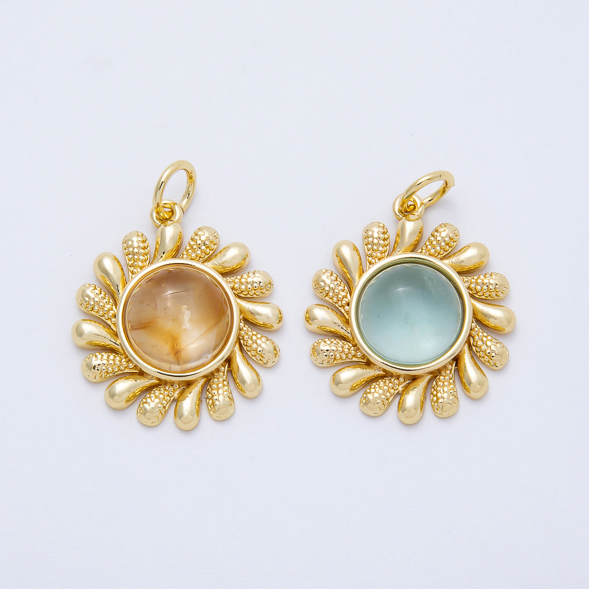 16K Gold Filled 23mm Aquamarine, Citrine Cabochon Gemstone Celestial Sun Ray Charm | Charms-00693 Charms-00694