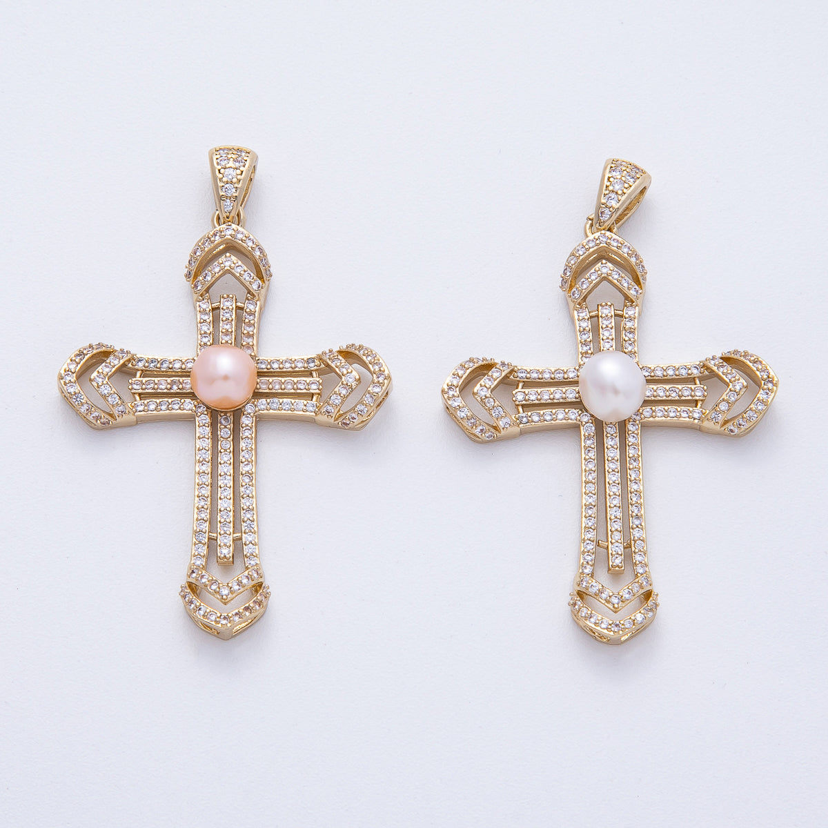 18K Gold Filled 40mm White, Pink Shell Pearl Micro Paved CZ Passion Cross Pendant | AF1194