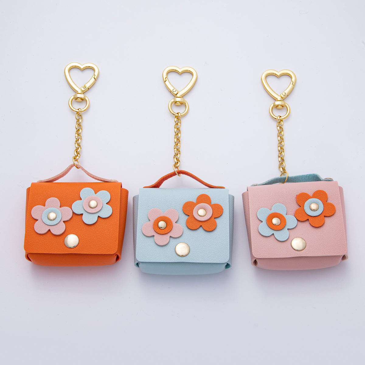 18K Gold Filled Pink, Blue, Orange Ear bud Case Bag Charm Heart Push Gate Keychain | WB-00236 ~ WB-00238