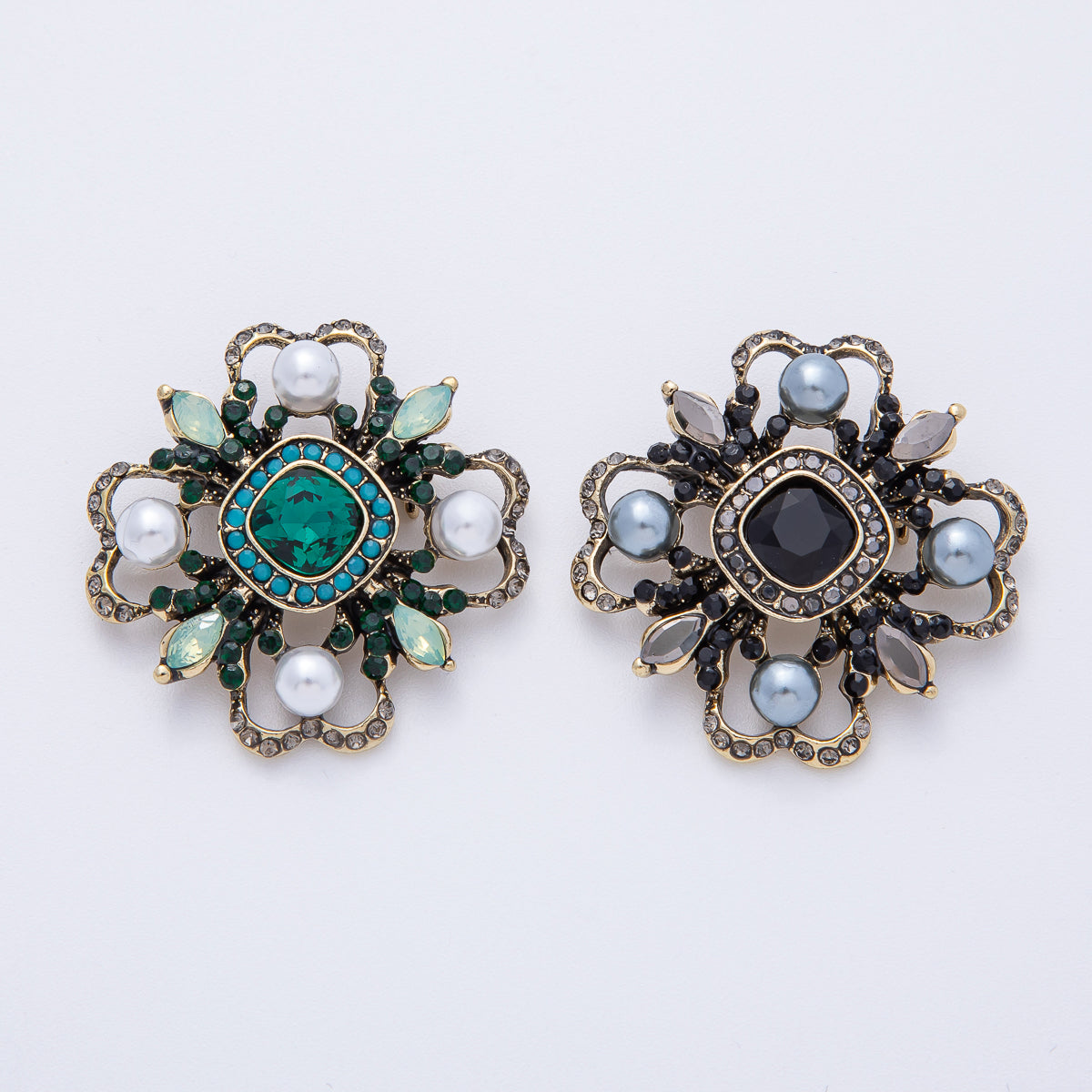 Vintage Antique Gold Flower Blue Black Gray Crystal Brooch Pin | BH-006