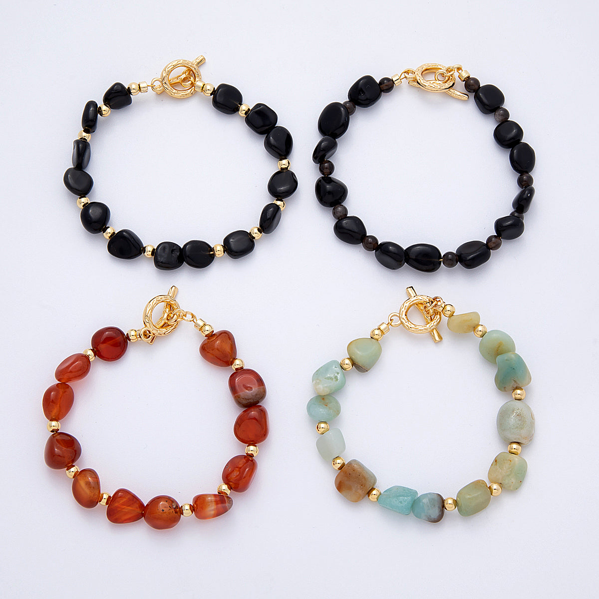 18K Gold Filled 10mm Onyx, Carnelian, Amazonite Pebble Gemstone Bead 7.5 Inch Toggle Bracelet | WA-4105