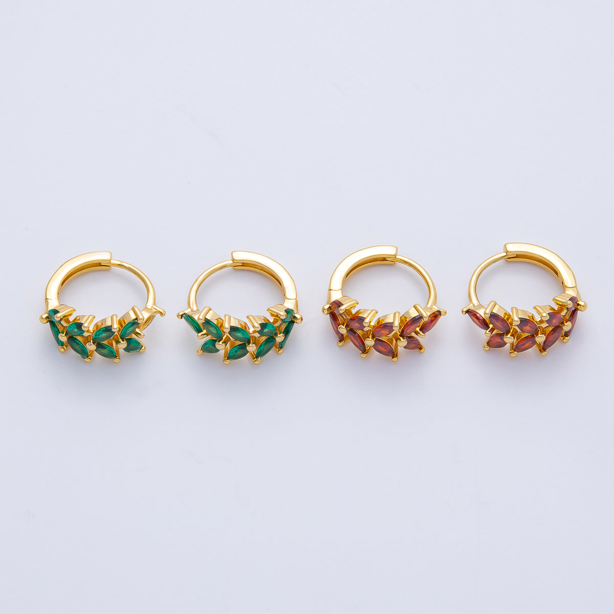 18K Gold Filled 15mm Green Red CZ Olive Sparkling Leaf Hoop Earrings | EARRINGS 00037-00038