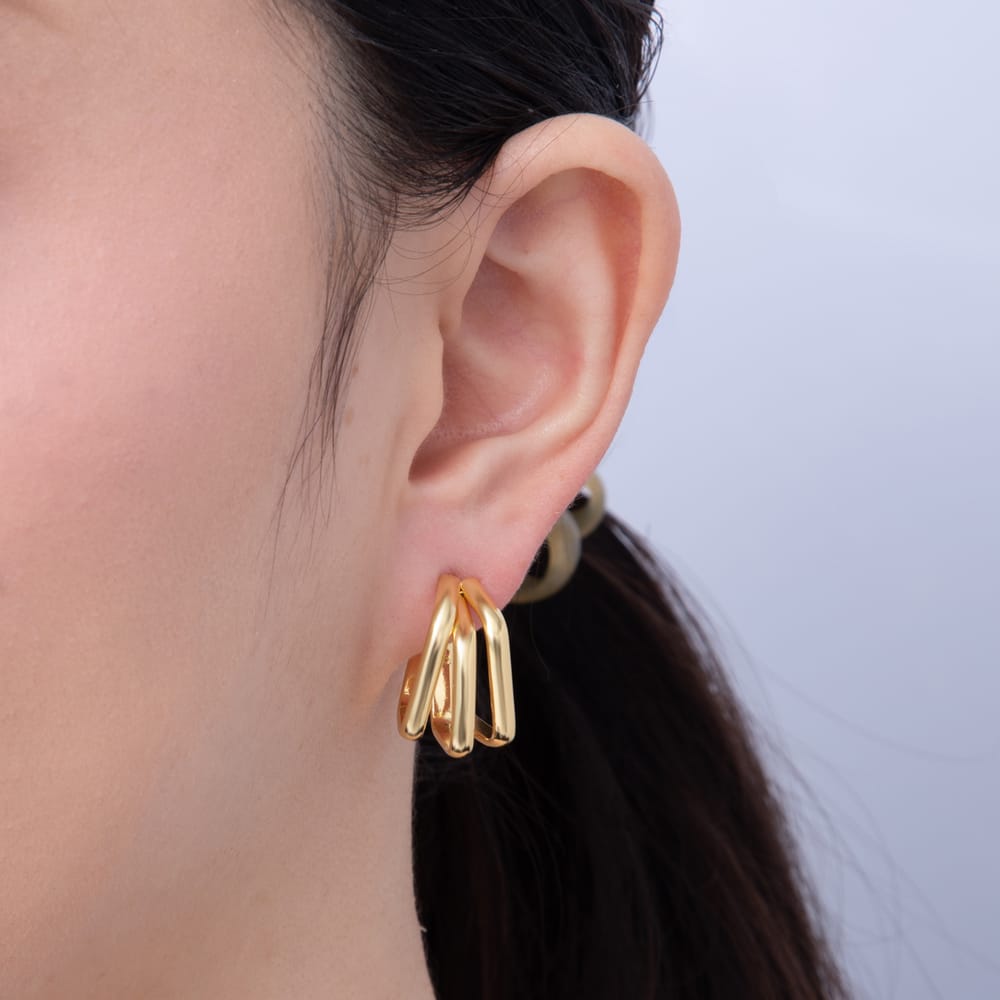 18K Gold Filled 20mm Triple Hexagon Geometric Claw C-Shaped Hoop Earrings | AD1648