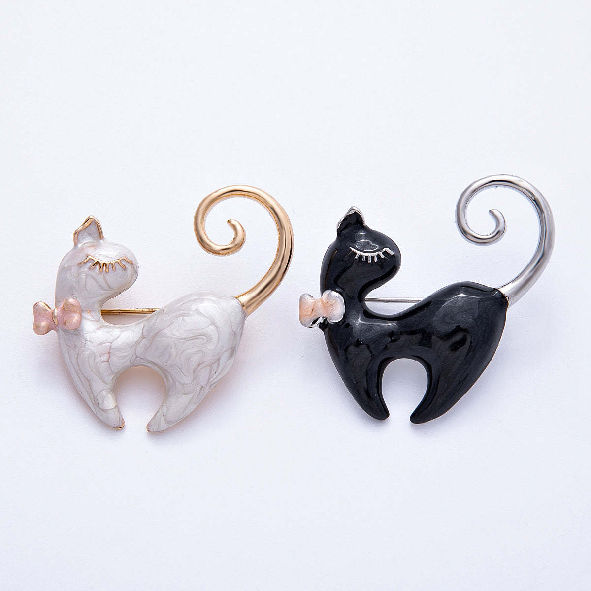 Gold 38mm x 34mm White, Black Enamel Kitty Cat Pet Animal Pin Brooch | BH-105 BH-106