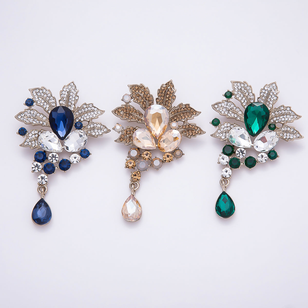 Vintage Gold 79.5mm x 50mm Green, Blue, Peach Rhinestone Flower Pin Brooch | BH-147 BH-148