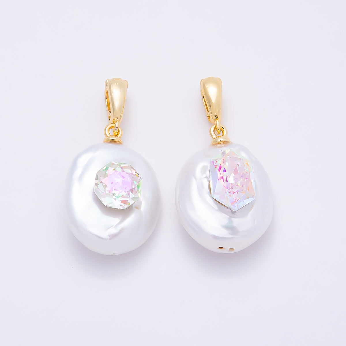 18K Gold Filled 24mm Round, Hexagon CZ Baroque White Freshwater Pearl Pendant | Charms-00941 Charms-00942