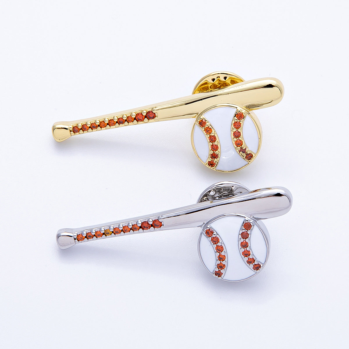 Gold, Silver 43mm White Enamel Paved Baseball Bat Sports Pin Brooch | BH114 BH-115