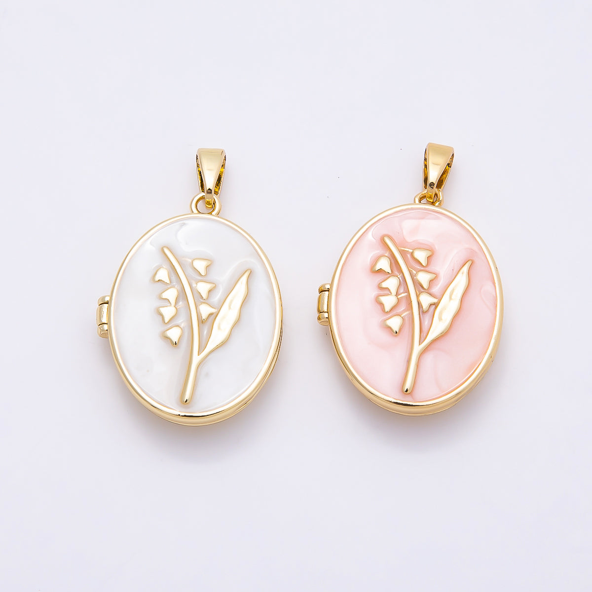 16K Gold Filled 24mm Pink, White Glitter Enamel Flower Oval Locket Pendant | Charms-01031 Charms-01032