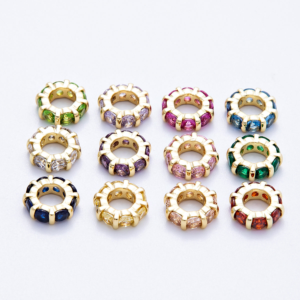 16K Gold Filled 10.5mm Personalized Birthstone Micro Paved Round CZ Rondelle Spacer Set | Beads-00113 - Beads-00124