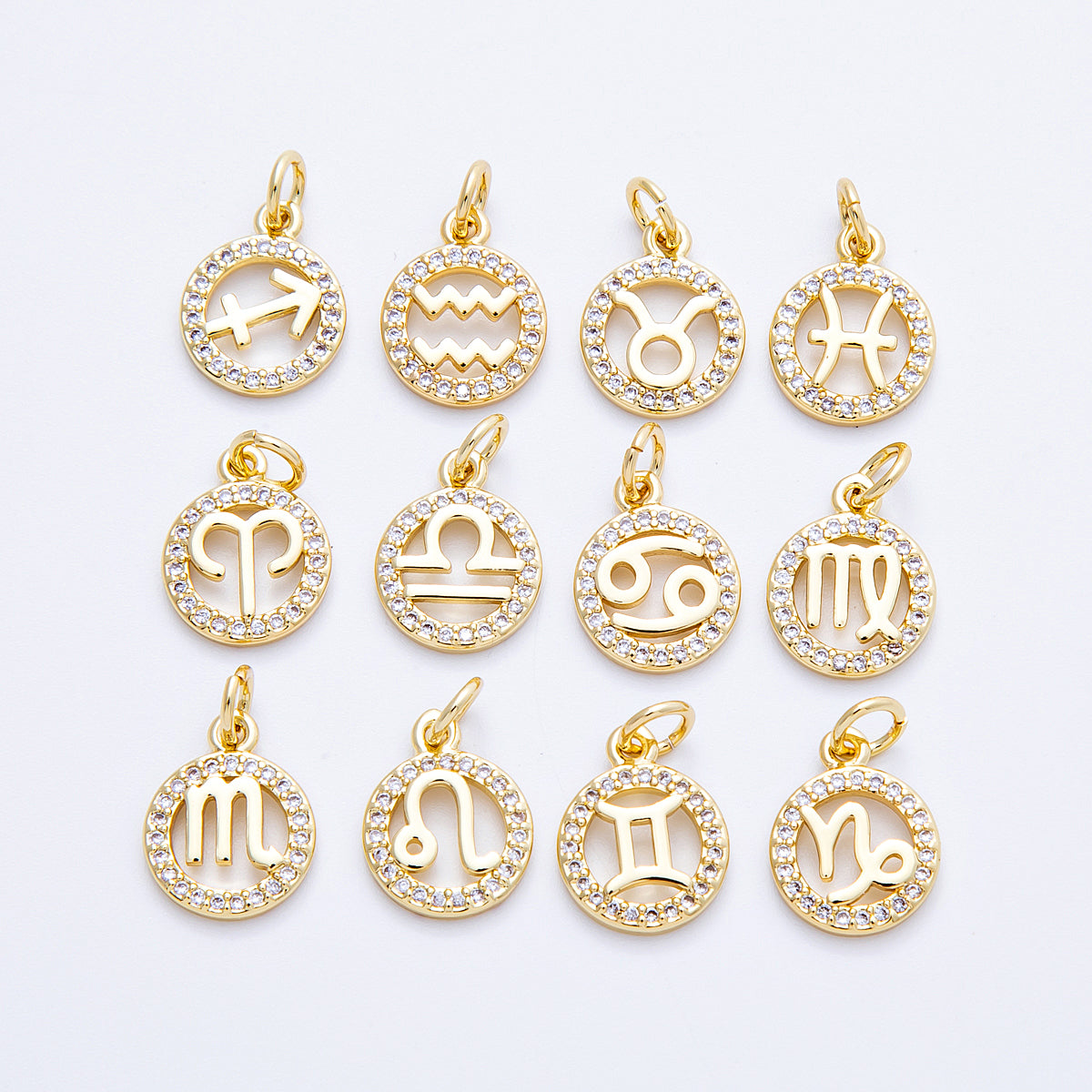 16K Gold Filled 13.5mm Micro Paved CZ Personalized Zodiac Sign Charm | Charms-00223 ~ Charms-00234