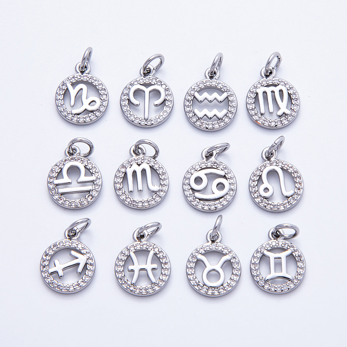 Silver 13.5mm Micro Paved CZ Personalized Zodiac Sign Charm | Charms-00235 ~ Charms-00246