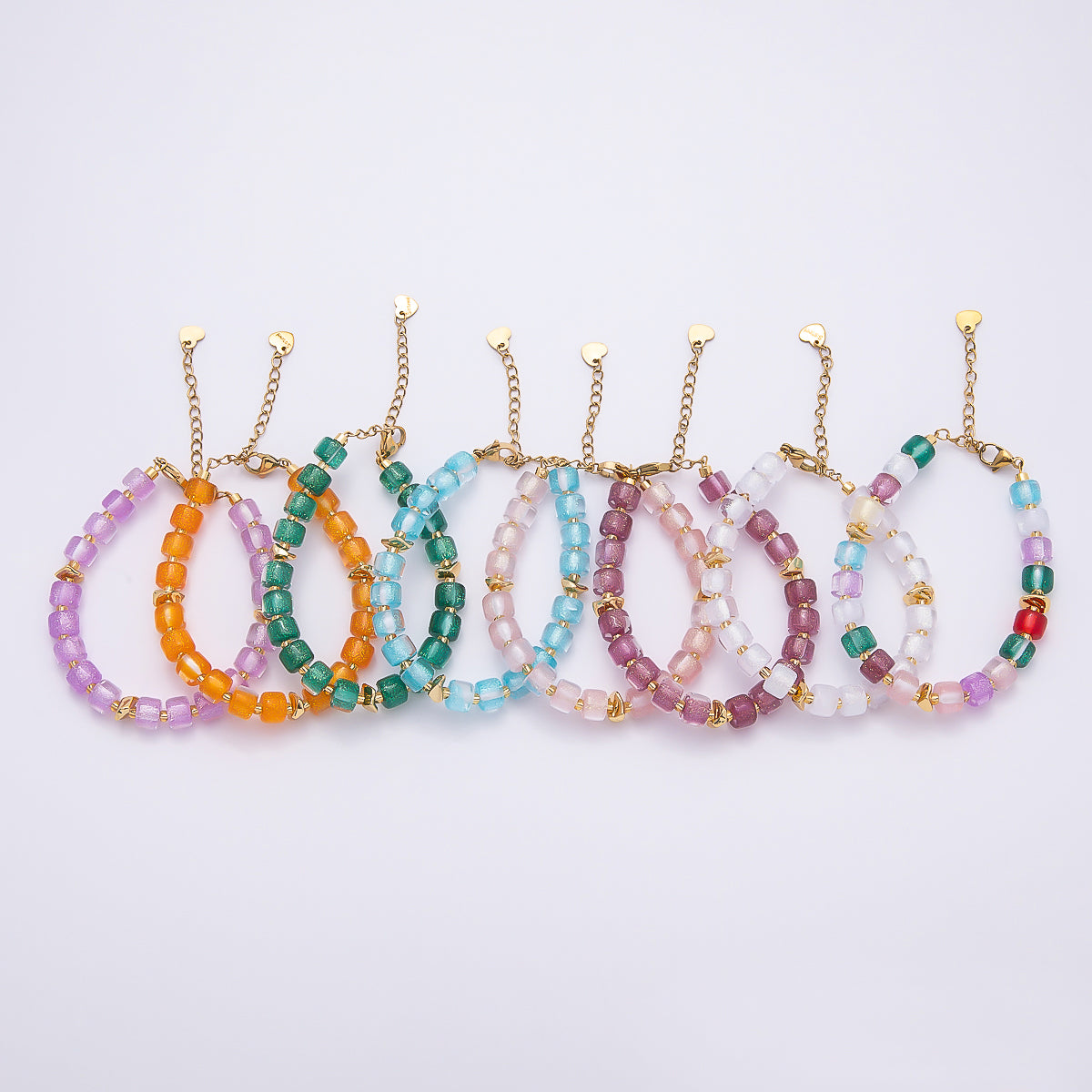 Stainless Steel 8mm Purple, Multicolor, White, Purple, Pink, Blue, Green, Orange Glitter Resin Rondelle Bead 7 Inch Bracelet w. Extender | WA-04573 ~ WA-04580