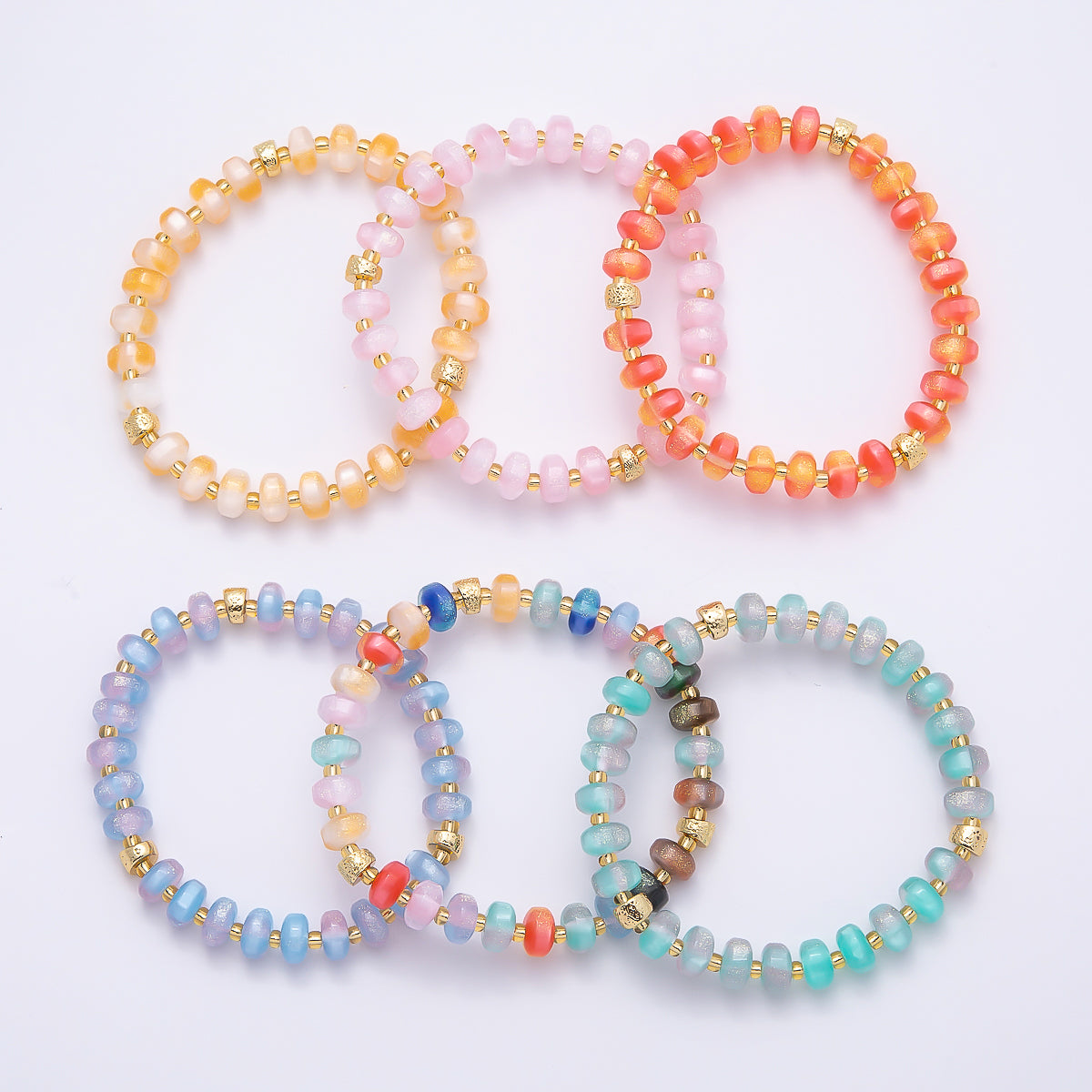 8mm Multicolor, Blue, Yellow, Pink, Orange, Green Glitter Rondelle Bead Resin 7 Inch Stretch Bracelet | WA-04559 ~ WA-04564
