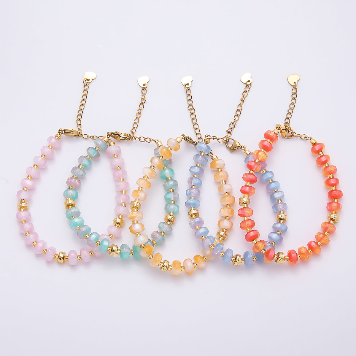 Stainless Steel 8mm Orange, Yellow, Blue, Green, Pink Glitter Rondelle Bead Resin 7 Inch Bracelet w. Extender | WA-04554 ~ WA-04558