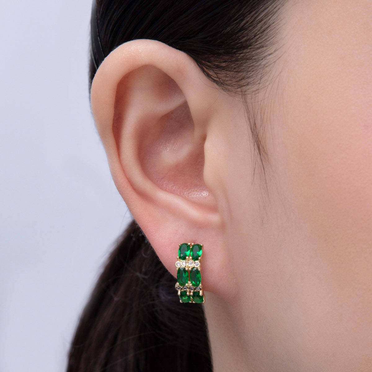 14K Gold Filled 16mm Green CZ Double Oval Huggie Earrings | Earrings-00092
