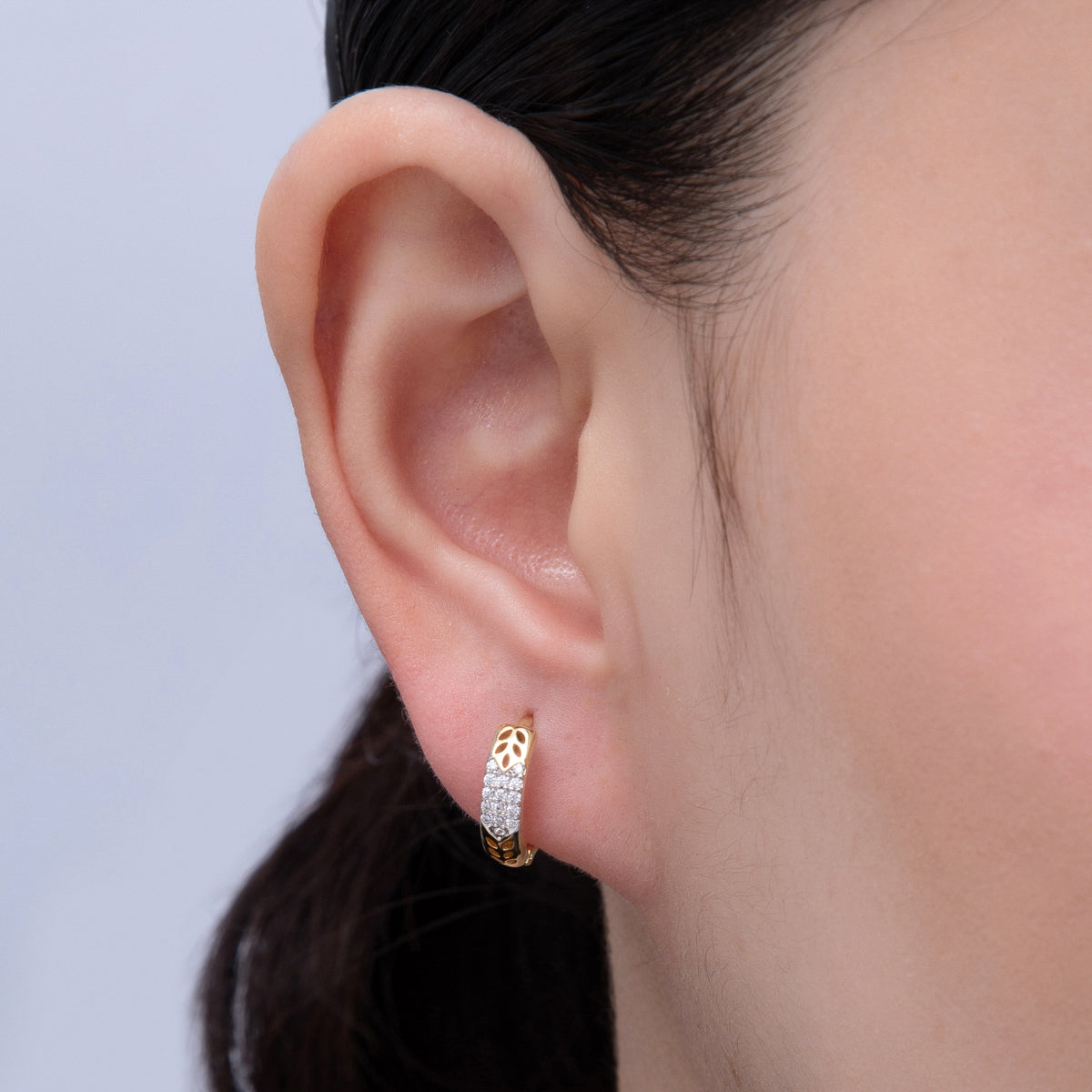 14K Gold Filled 13.5mm Micro Paved CZ Filigree Mixed Metal Huggie Earrings | Earrings-00061