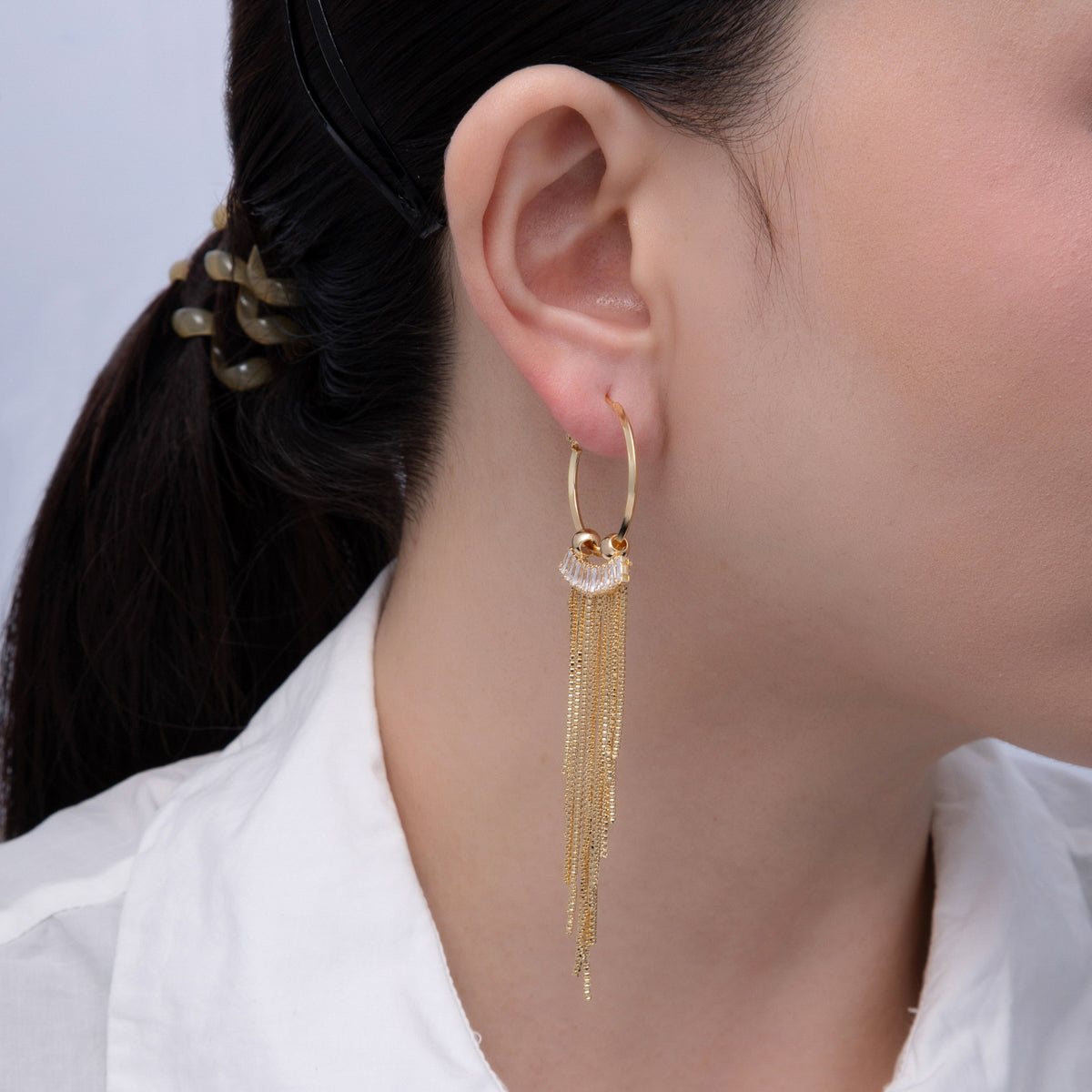 18K Gold Filled 76mm Clear Baguette CZ Box Chain Tassel C-Shaped Hinge Hoop Earrings | T013