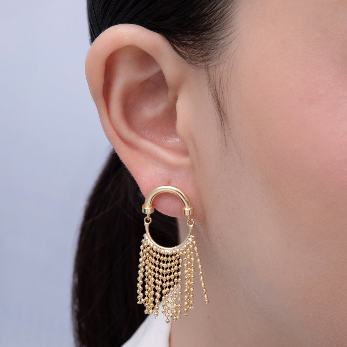 18K Gold Filled 45mm Bead Ball Chain Tassel Geometric Drop Stud Earrings | T066