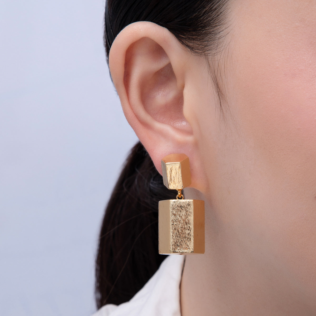 18K Gold Filled 38mm Textured Octagonal Tube Geometric Drop Stud Earrings | T491