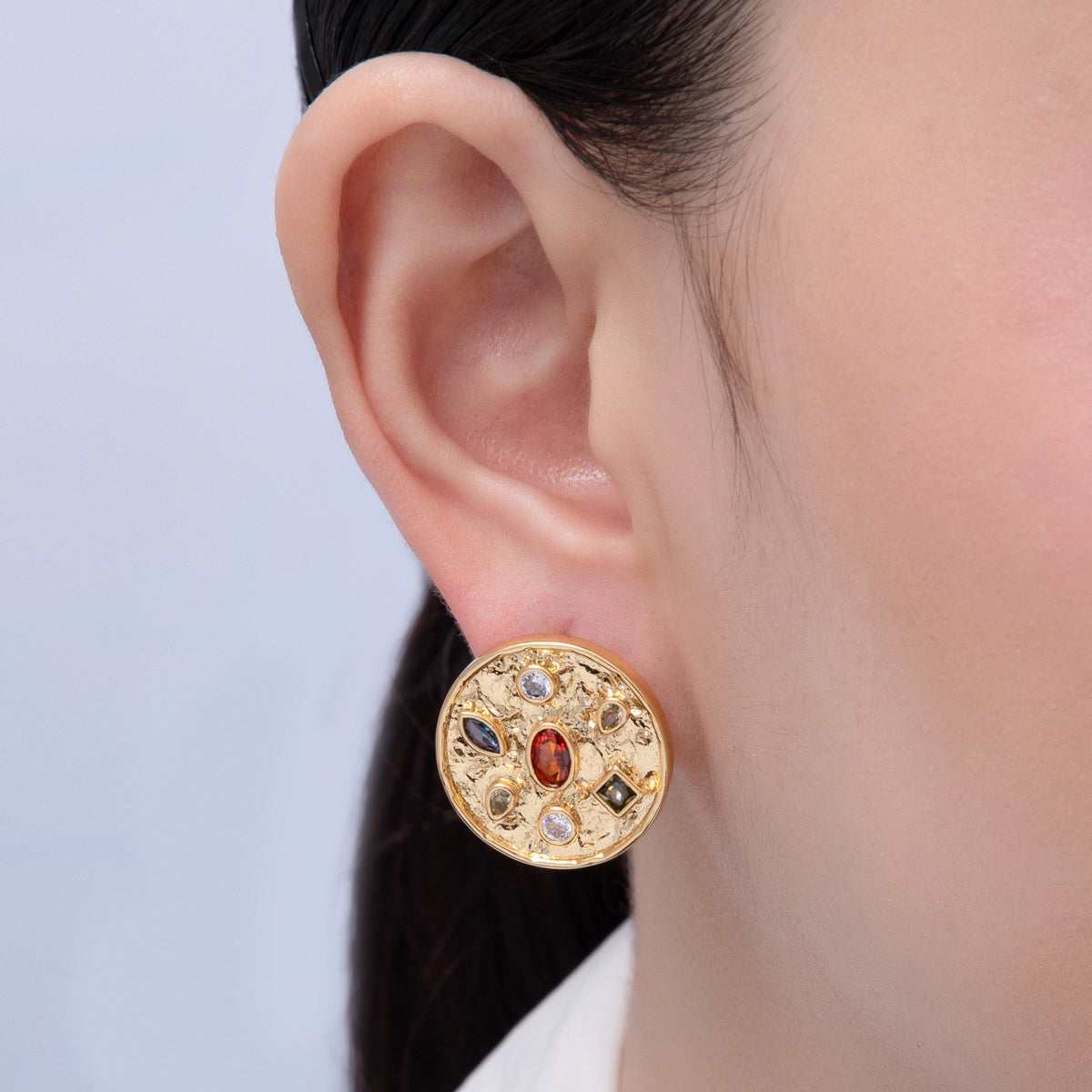 18K Gold Filled 22.3mm Multicolor CZ Hammered Round Stud Earrings | T489