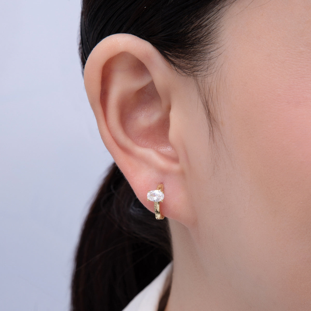 14K Gold Filled 15.5mm Clear CZ Ribbed Huggie Earrings | Earrings-00068