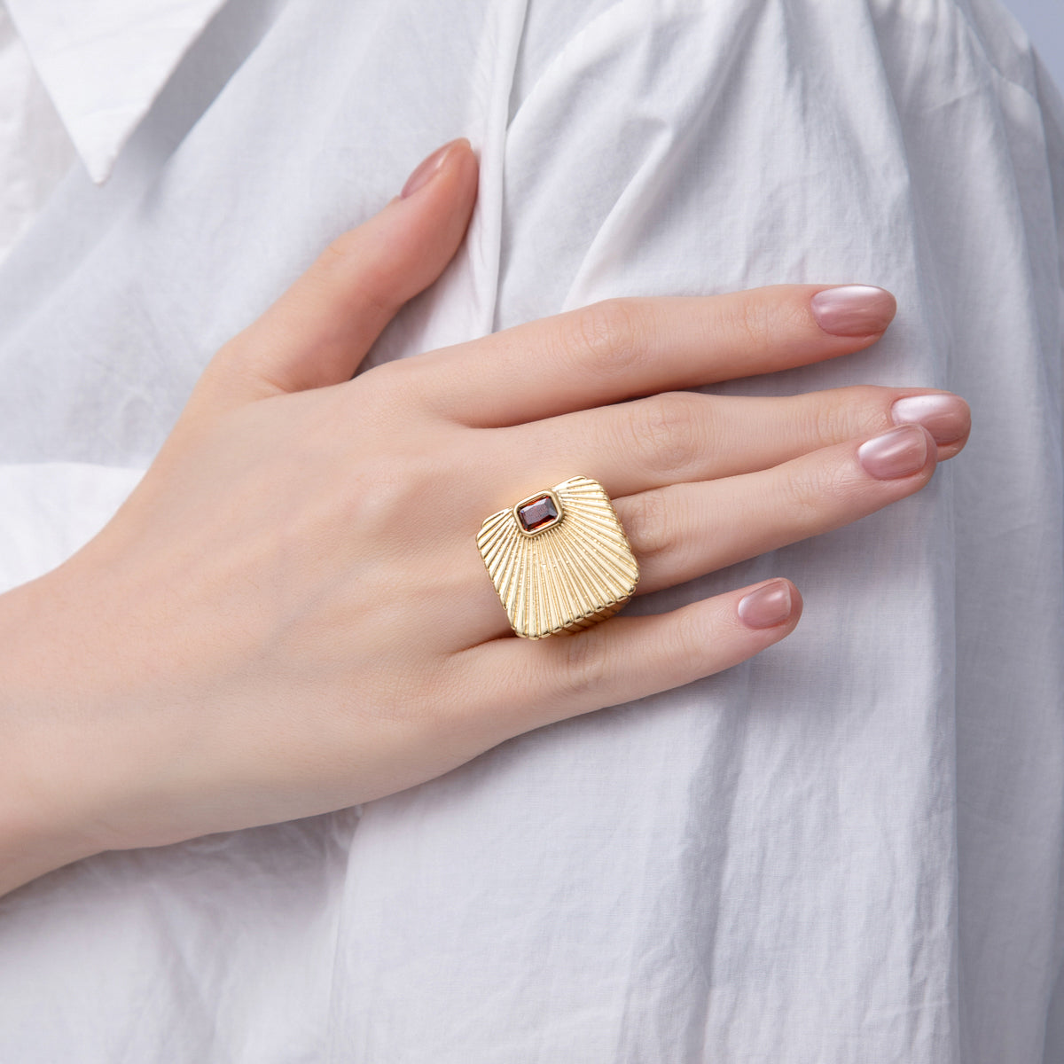 18K Gold Filled Green, Red, Clear Fuchsia Baguette CZ Sunburst Ribbed Signet Ring | O801 O802