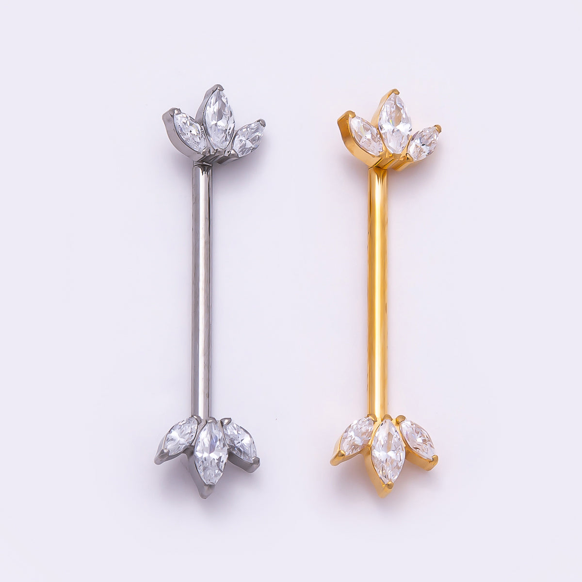 Titanium Clear CZ Triple Marquise Nipple Barbell Piercing Body Jewelry in Gold & Silver | Findings-00295 Findings-00296
