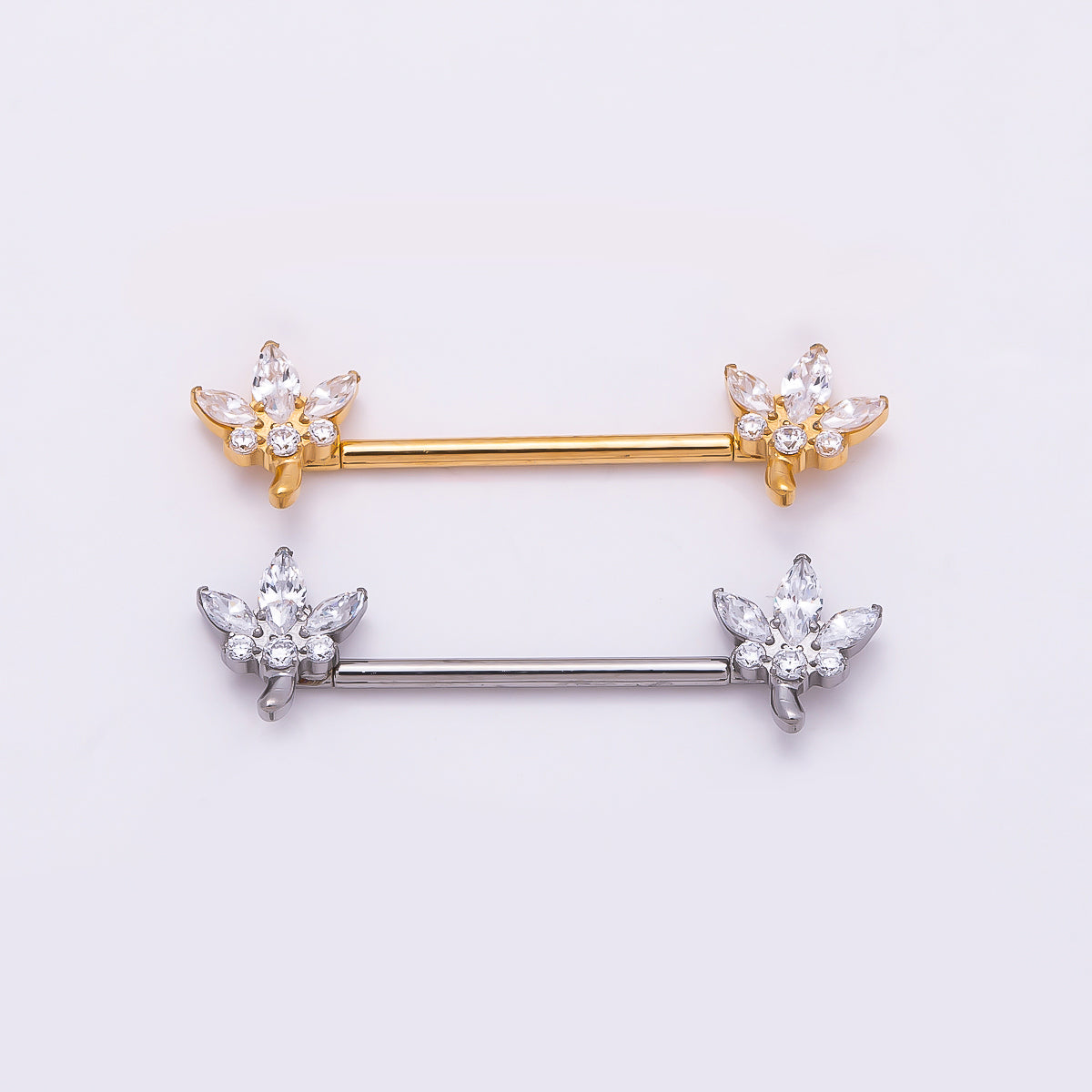 24K Gold Filled Clear CZ Marquise Flower Nipple Barbell Piercing Body Jewelry in Gold & Silver | Findings-00264 Findings-00265