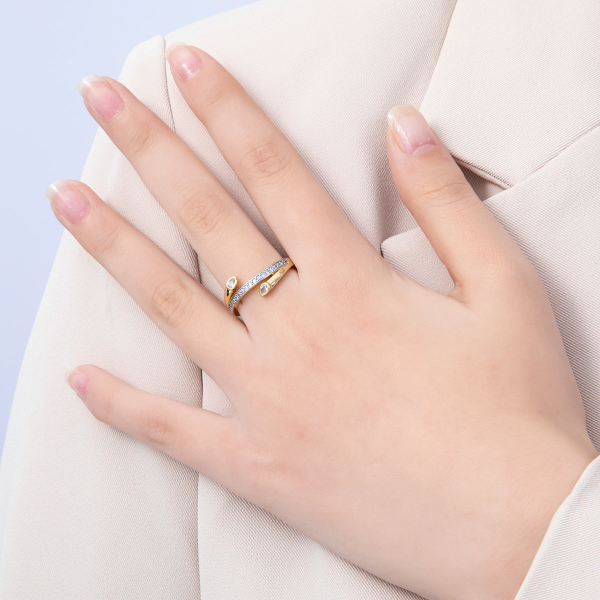 18K Gold Filled Mixed Metal Triple Row CZ Bypass Ring | Rings-00038