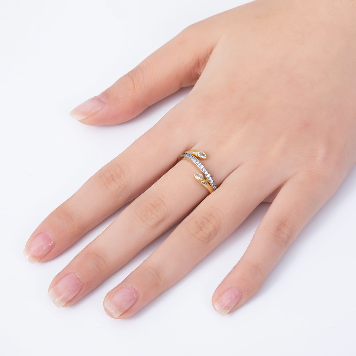 18K Gold Filled Mixed Metal Triple Row CZ Bypass Ring | Rings-00038