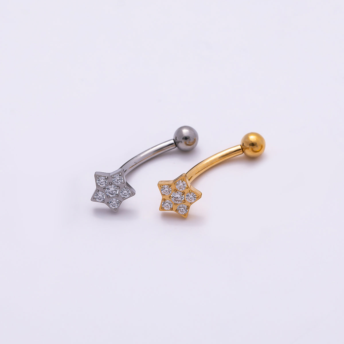 Titanium 5mm Star Micro Paved CZ Curved Eyebrow Barbell Piercing Stud in Gold & Silver | Findings-00339 Findings-00340