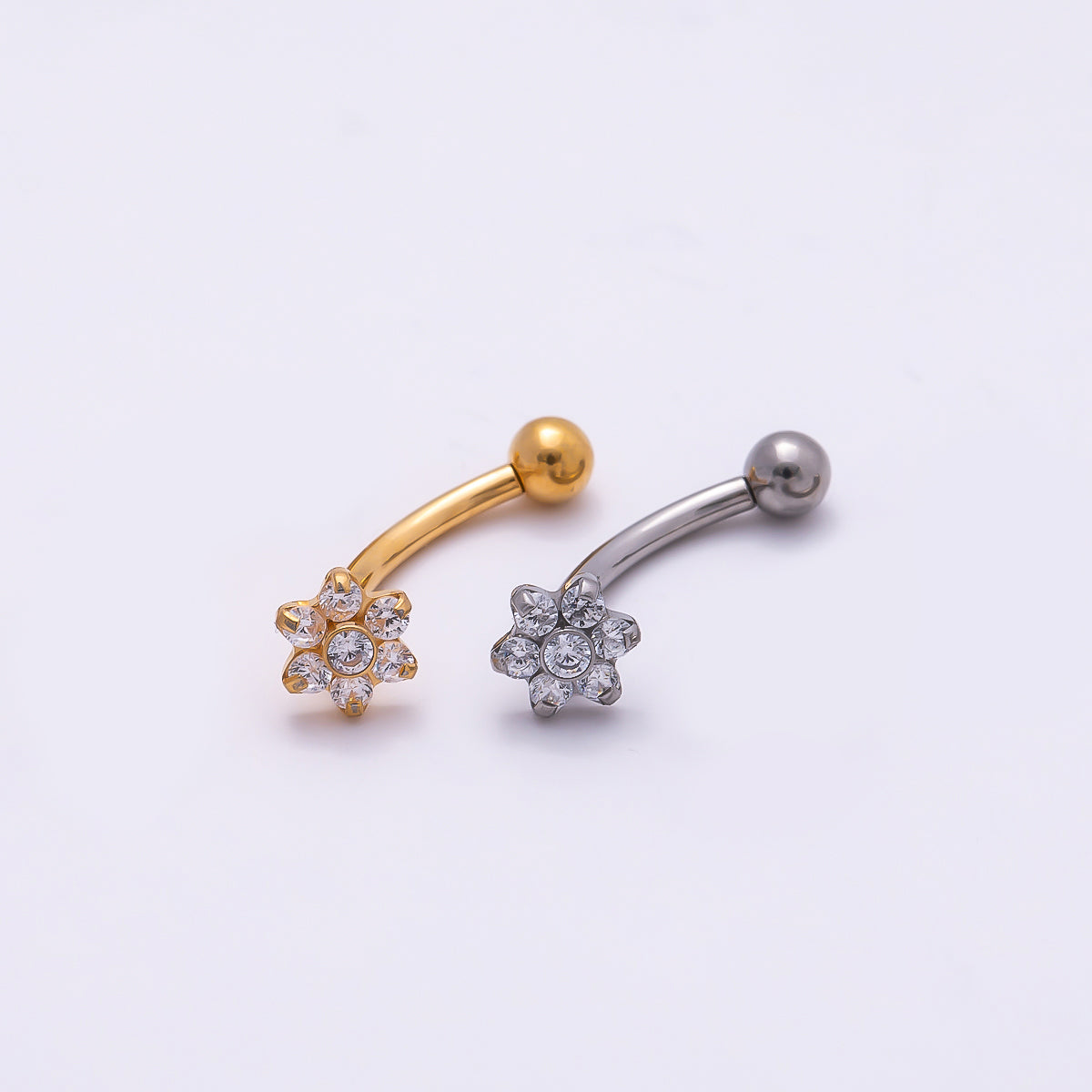 Titanium 5mm Flower Clear CZ Curved Eyebrow Barbell Piercing Stud in Gold & Silver | Findings-00341 Findings-00342