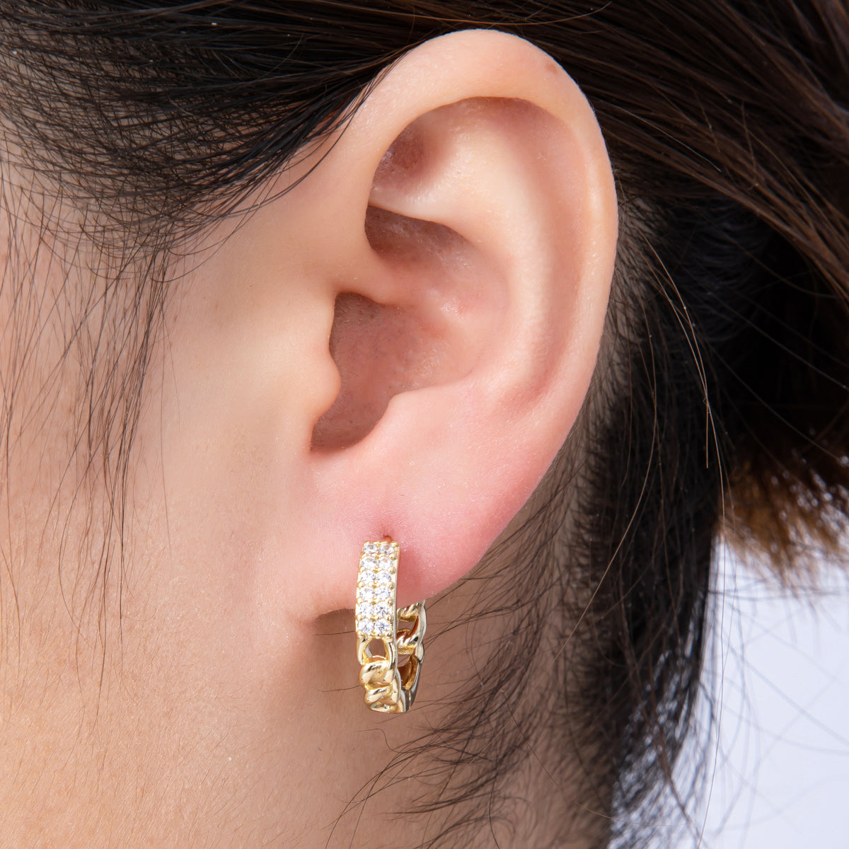 14K Gold Filled 18mm Micro Paved CZ Curb Chain Huggie Earrings | Earrings-00172