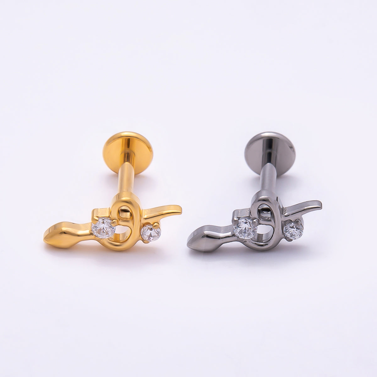 24K Gold Filled 5mm CZ Snake Cartilage Piercing Flat Back Stud in Gold & Silver | Findings-00266 Findings-00267