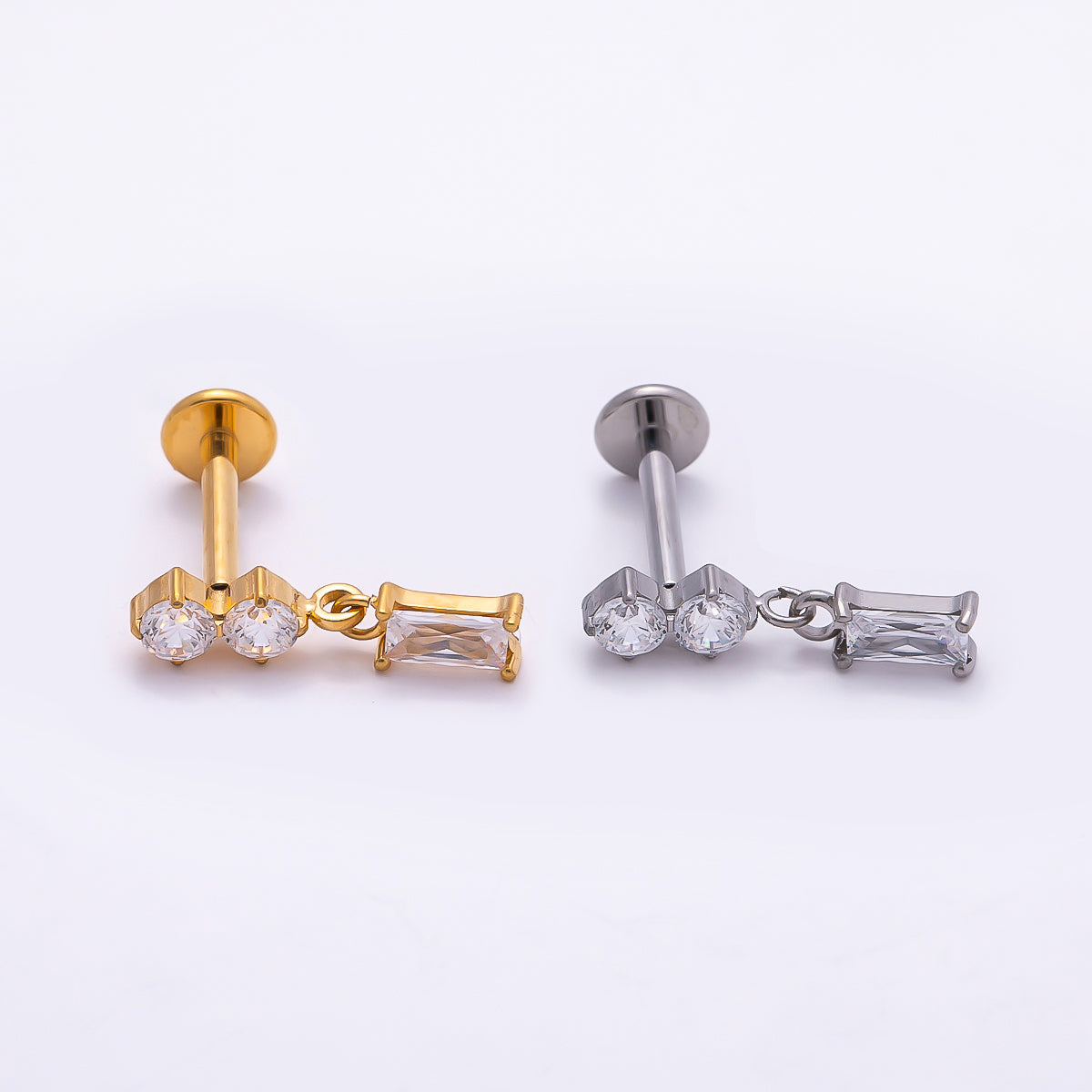 24K Gold Filled 14mm Clear CZ Round Baguette Drop Single Cartilage Piercing Flat Back Stud in Gold & Silver | Findings-00248 Findings-00249